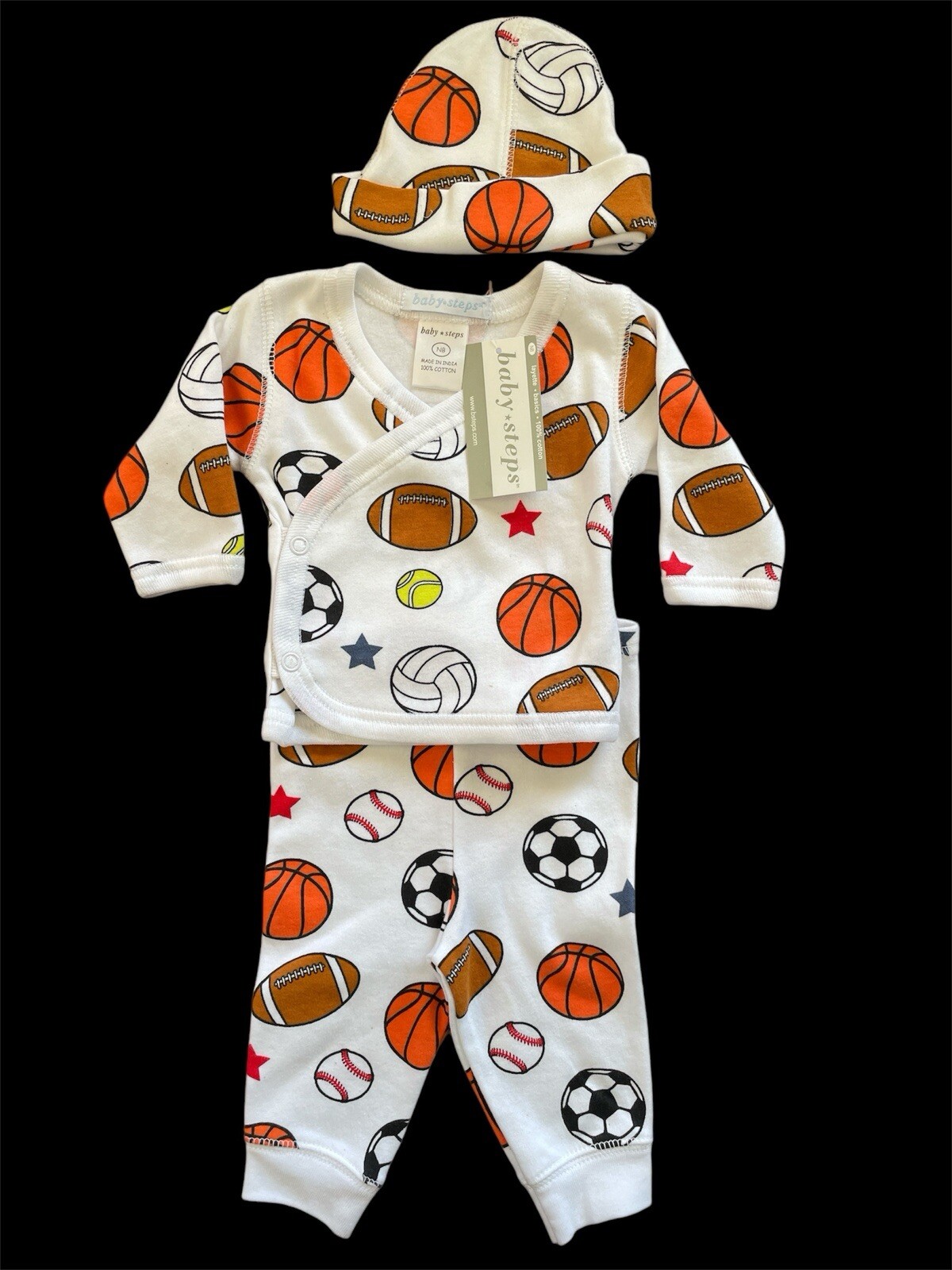 Baby Steps NWT White/Multi Sports Cotton Knit Kimono Top, Pants & Hat-Newborn