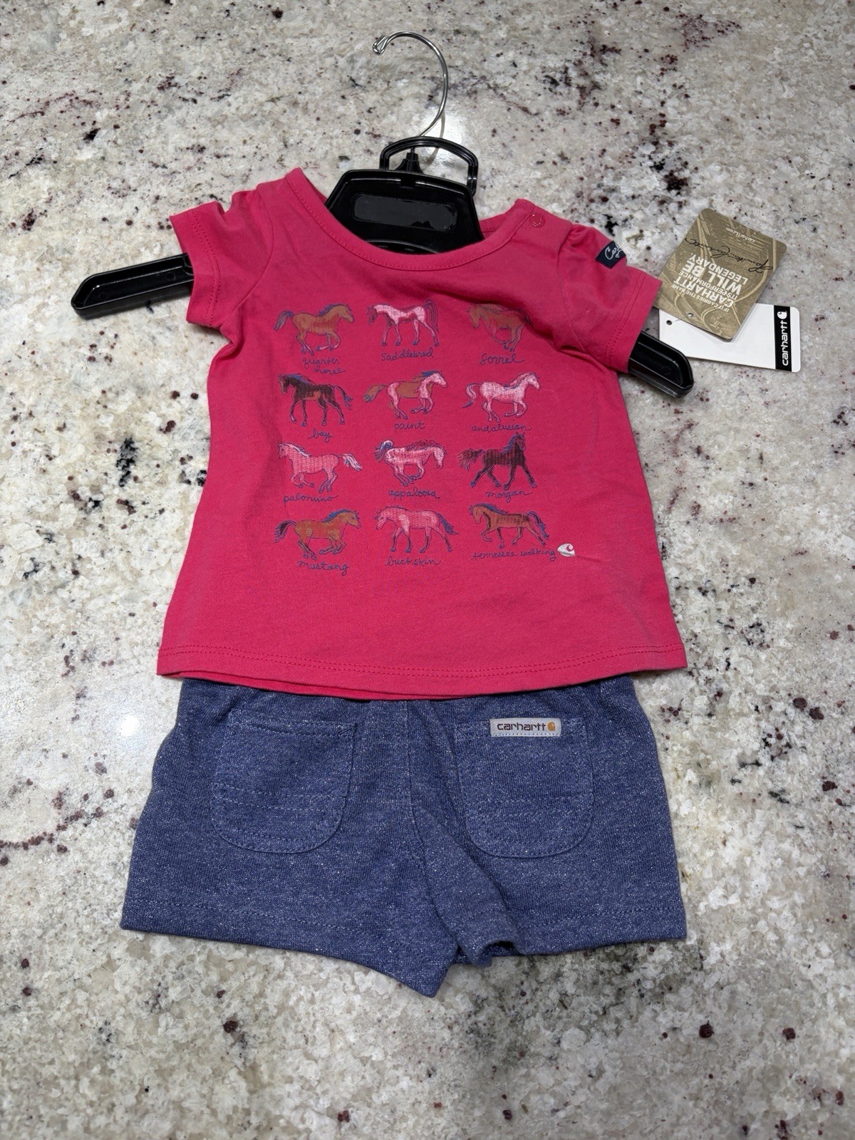 Carhartt Baby Girl’s Size 6 Month Pink Blue Horse Outfit Shorts Shirt