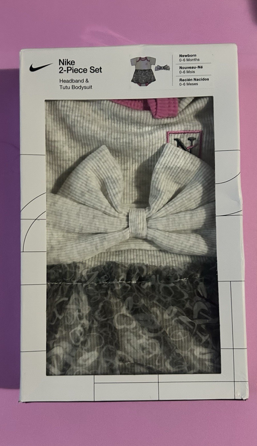 Nike Girls 2-Pc Tutu Bodysuit & Headband Set 0-6M Gray Pink Floral