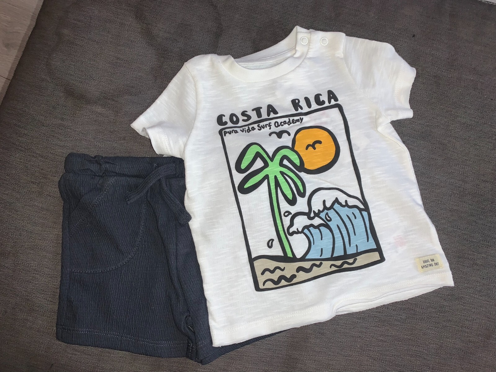F&F Shorts and Top Set ‘Costa Rica’ 100% Cotton 3-6m 68cm White/Grey BNWT