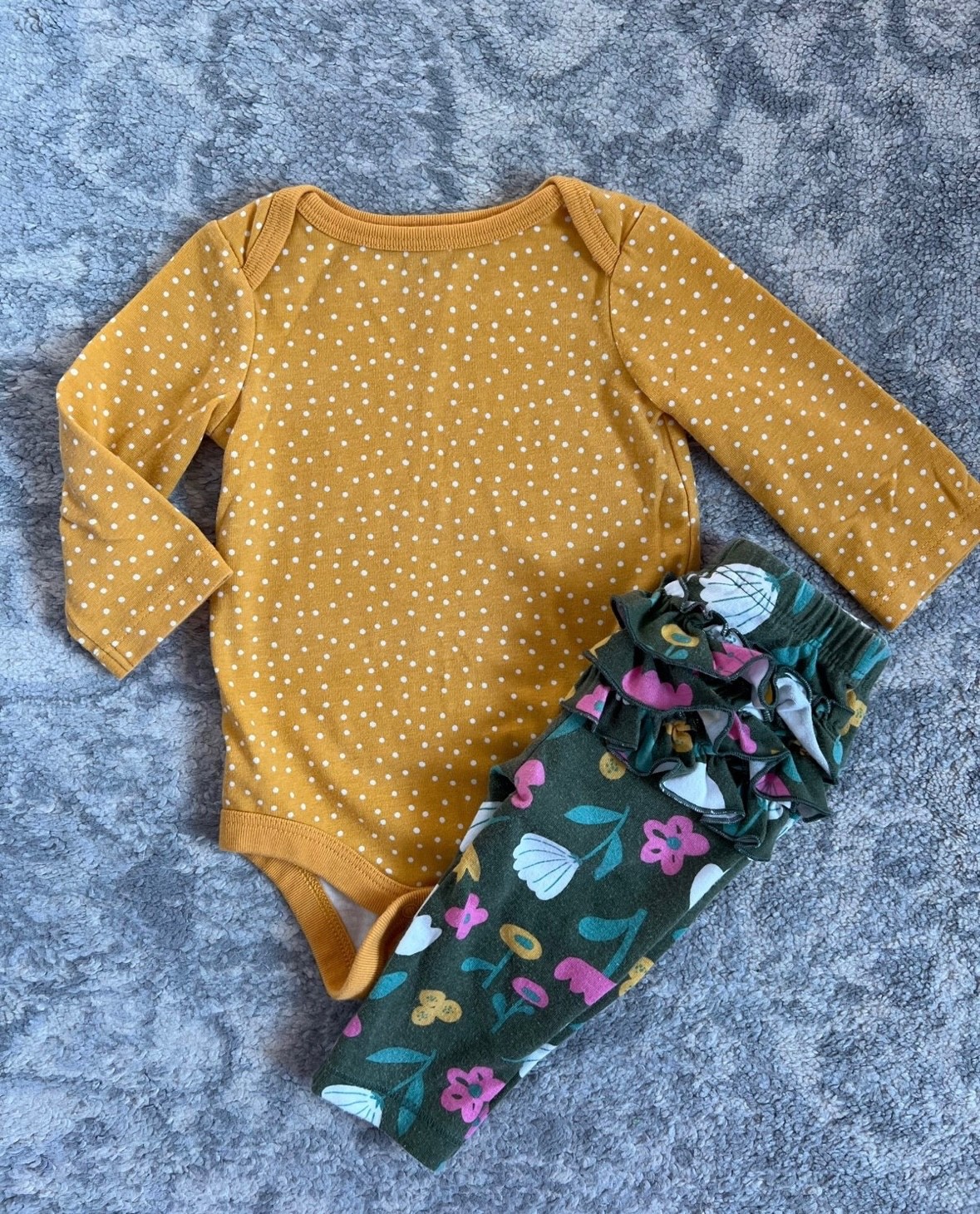 Cat & Jack Girls 0-3 Monthh Outift Mustard Yellow One Piece and Flower Pants