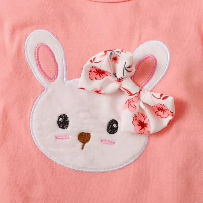 Baby Girl Ruffled Sleeve Lovely Rabbit Bodysuit+Flower Shorts+Headband Summer