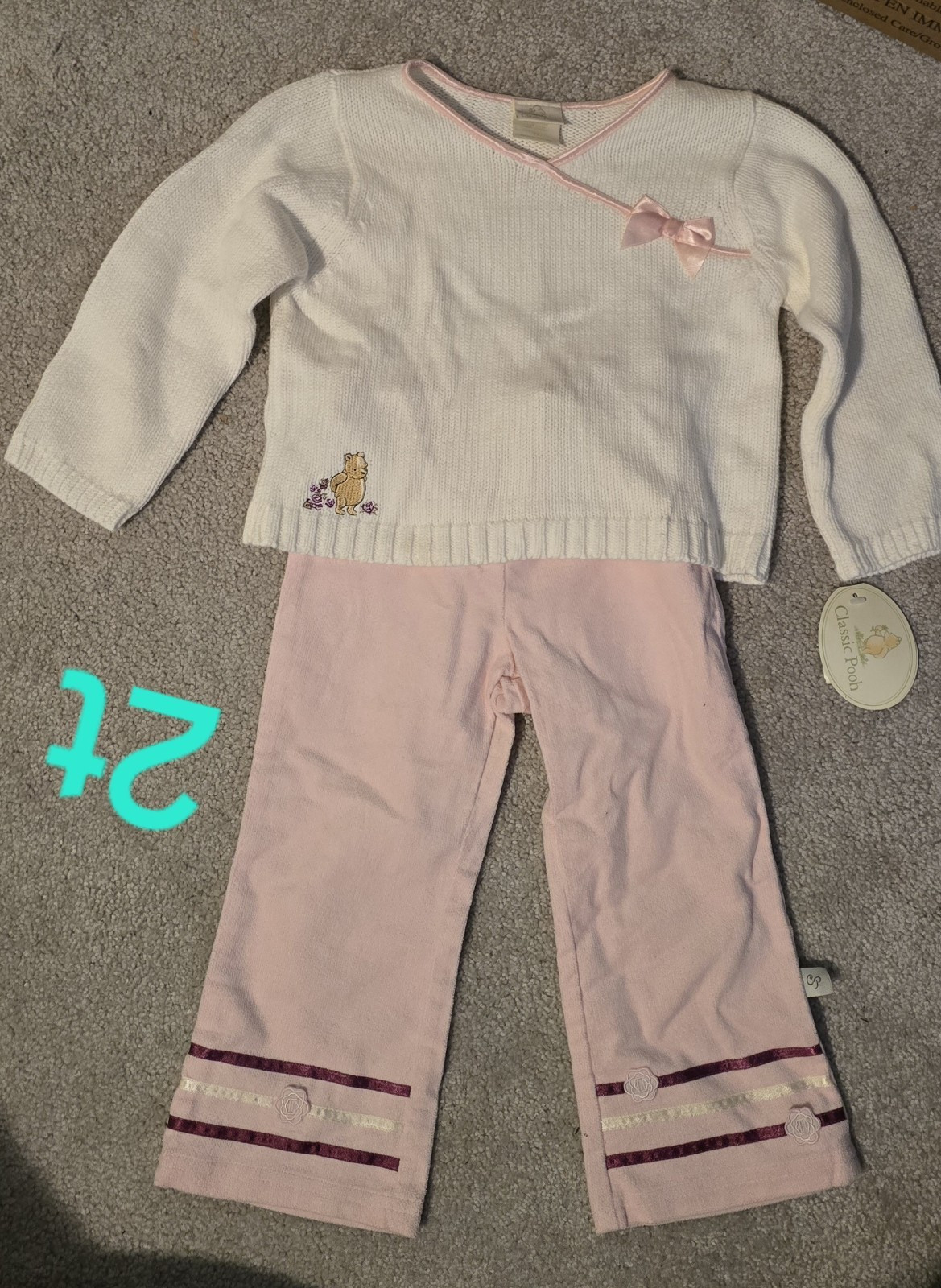 Classic Pooh Girls 2T Winnie the Pooh Sweater & Pink Pants Set Bow Embroidered