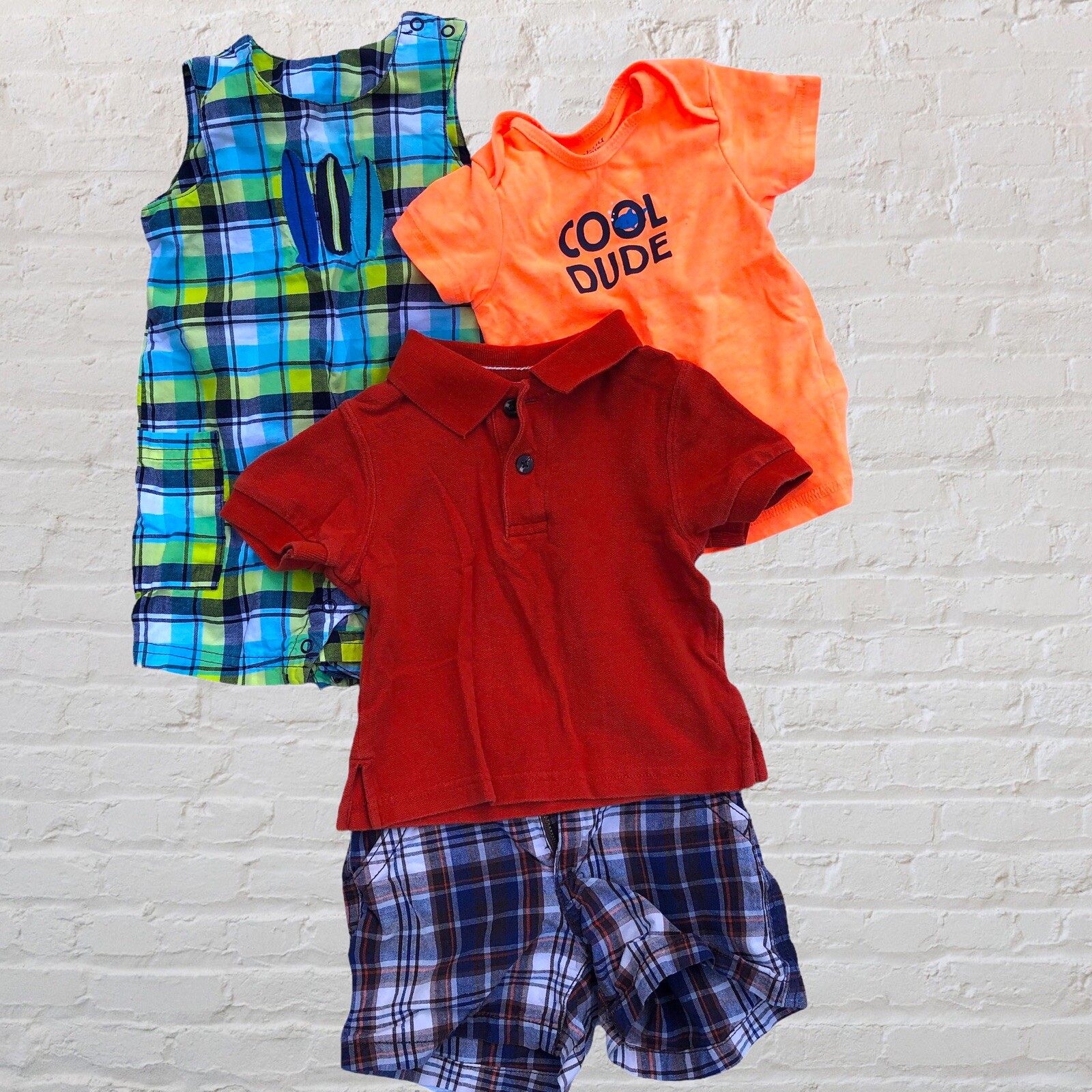Baby boy lot bundle Size 12 months shorts romper T-shirt Neon Polo Surfer Plaid