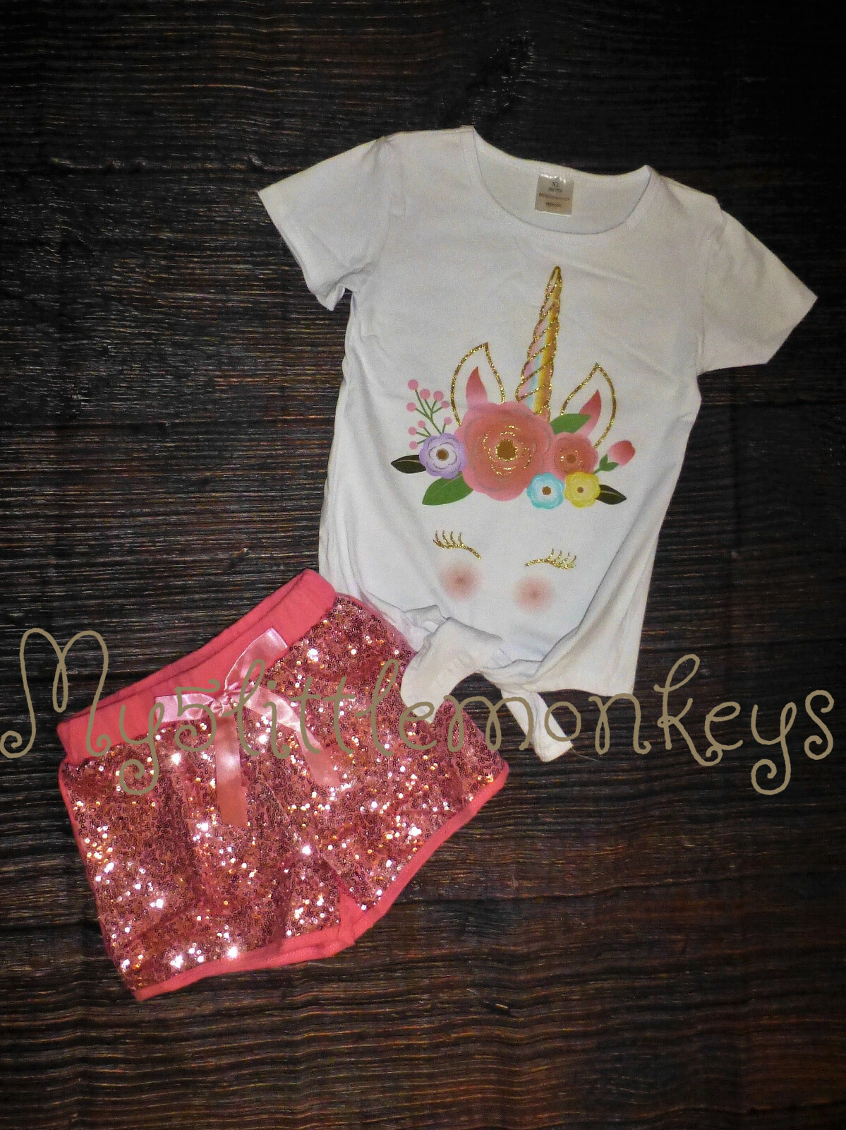 NEW Boutique Unicorn Tie Shirt Girls Pink Sequin Shorts Outfit Set