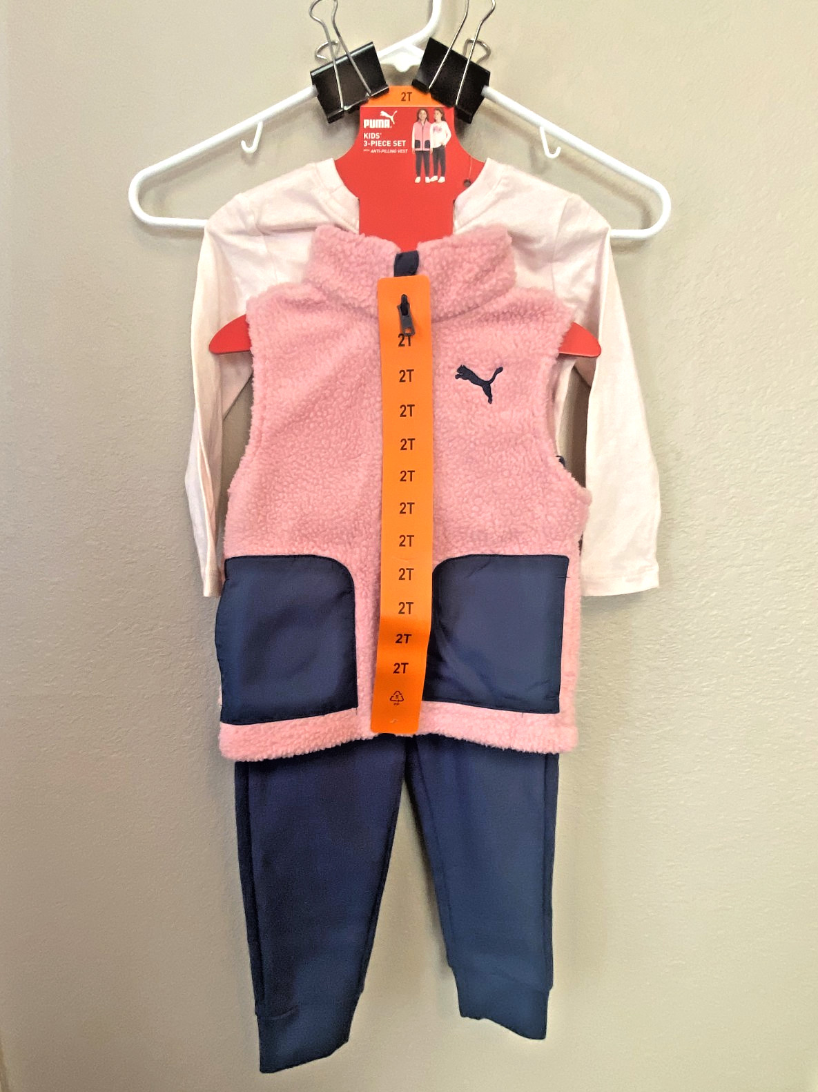 PUMA Girls 2T 3pc Vest Set, Full Zip Vest, Logo Long Sleeve T-Shirt, & Jogger