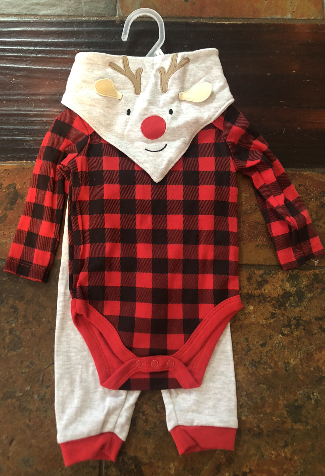 Baby Boy 3-6M Christmas 3 Piece Pants Set Red Buffalo Check Rudolph Bib Pants