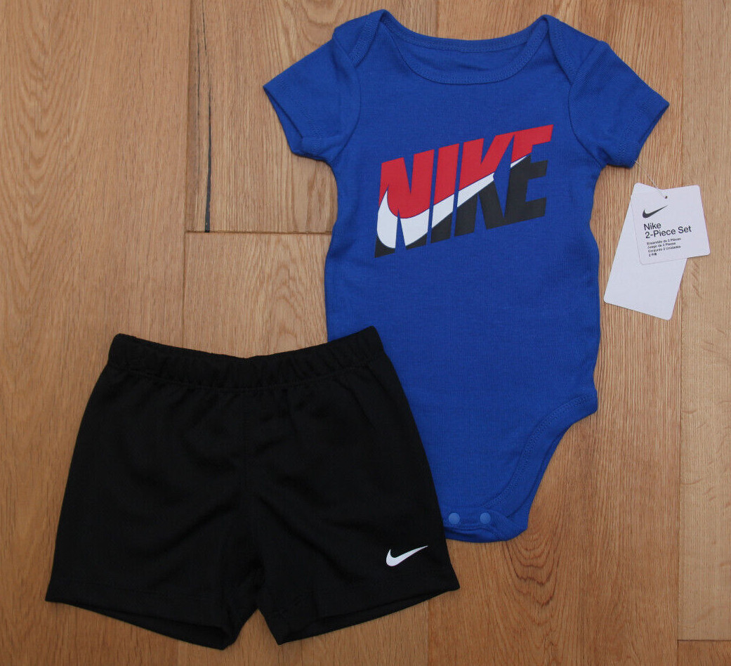 Nike Baby Boy 2 Piece Bodysuit & Shorts Set ~ Blue, Black, Red & White ~