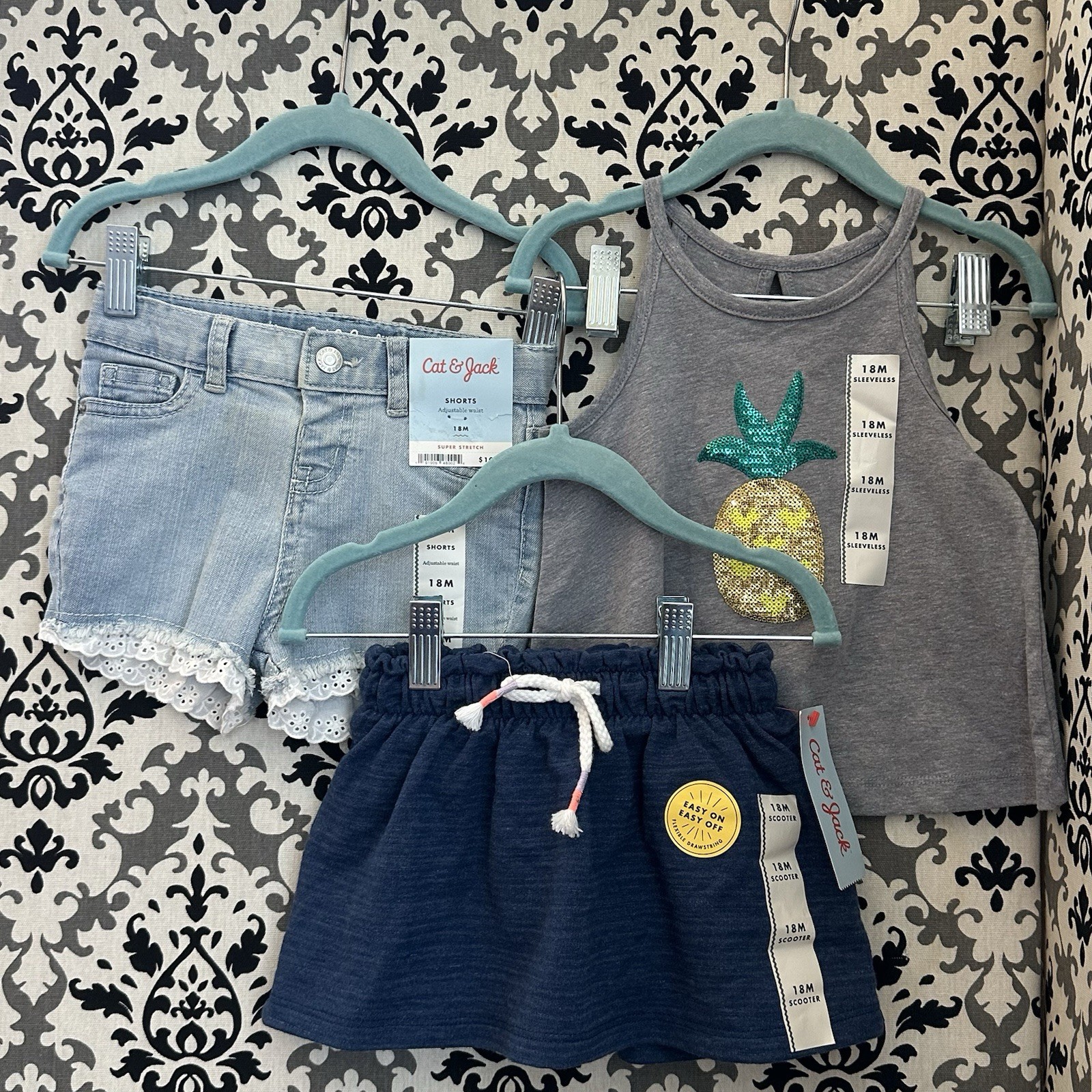 Cat & Jack Girls 18M Summer 3pc Set, Tank Top, Eyelet Lace Short, Scooter Skit
