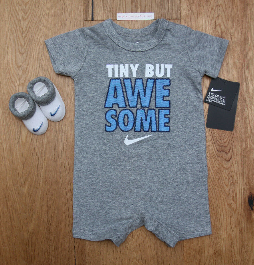 Nike Baby Boy Romper & Booties Set ~ Tiny But Awesome ~ Gray, Blue & White ~0-6M