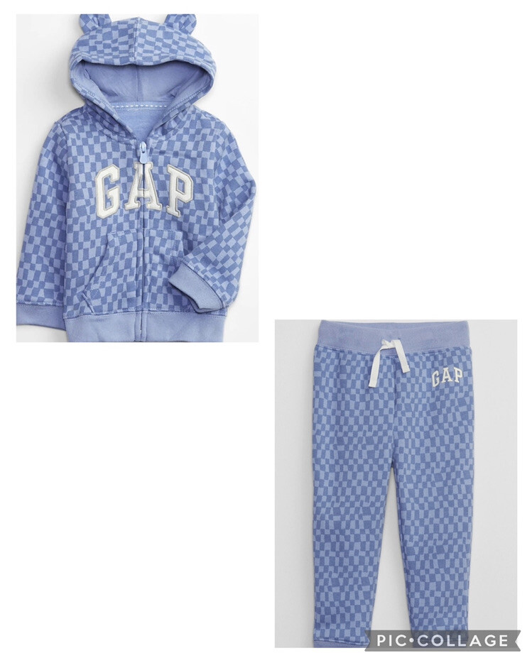 babyGap Print Logo Zip Hoodie & joggers Set Light Blue Check Size 0-3 Months