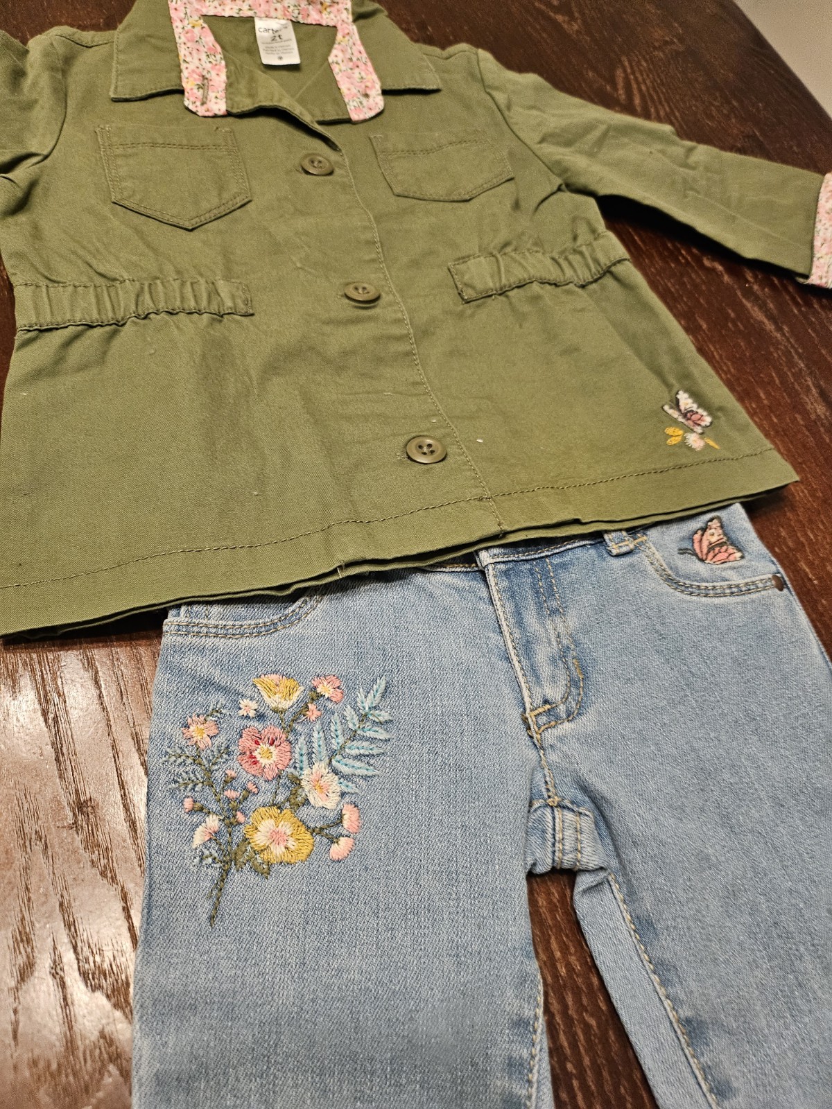 Carter’s Girls 2T 2Pc Outfit Olive Shirt Jacket & Floral Butterfly Jeans NWT