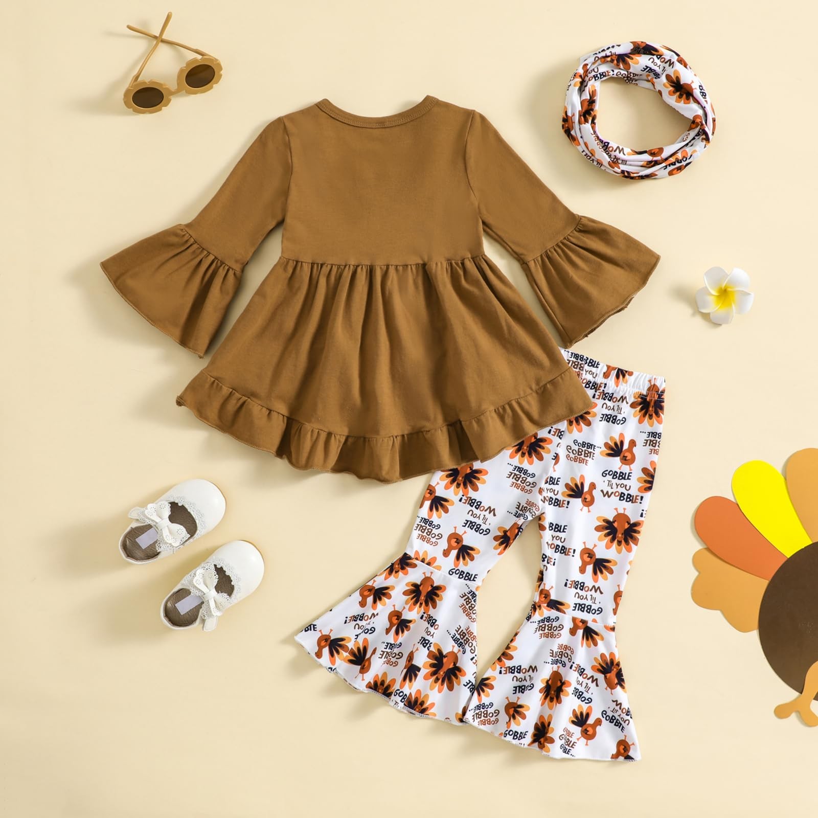 Toddler Girl Thanksgiving Outfit Shirt Polka Dot Pants (Brown-C, 2-3T)