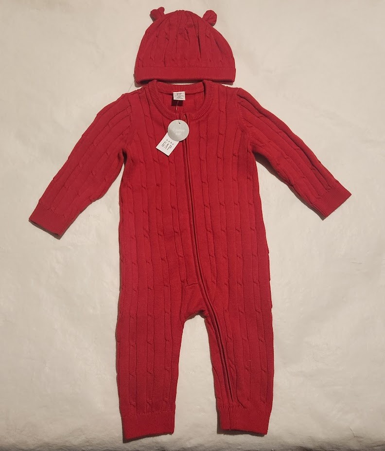 NWT Baby Gap Cable Knit Red Sweater Romper Hat Outfit 2PC Set 12-18 Months