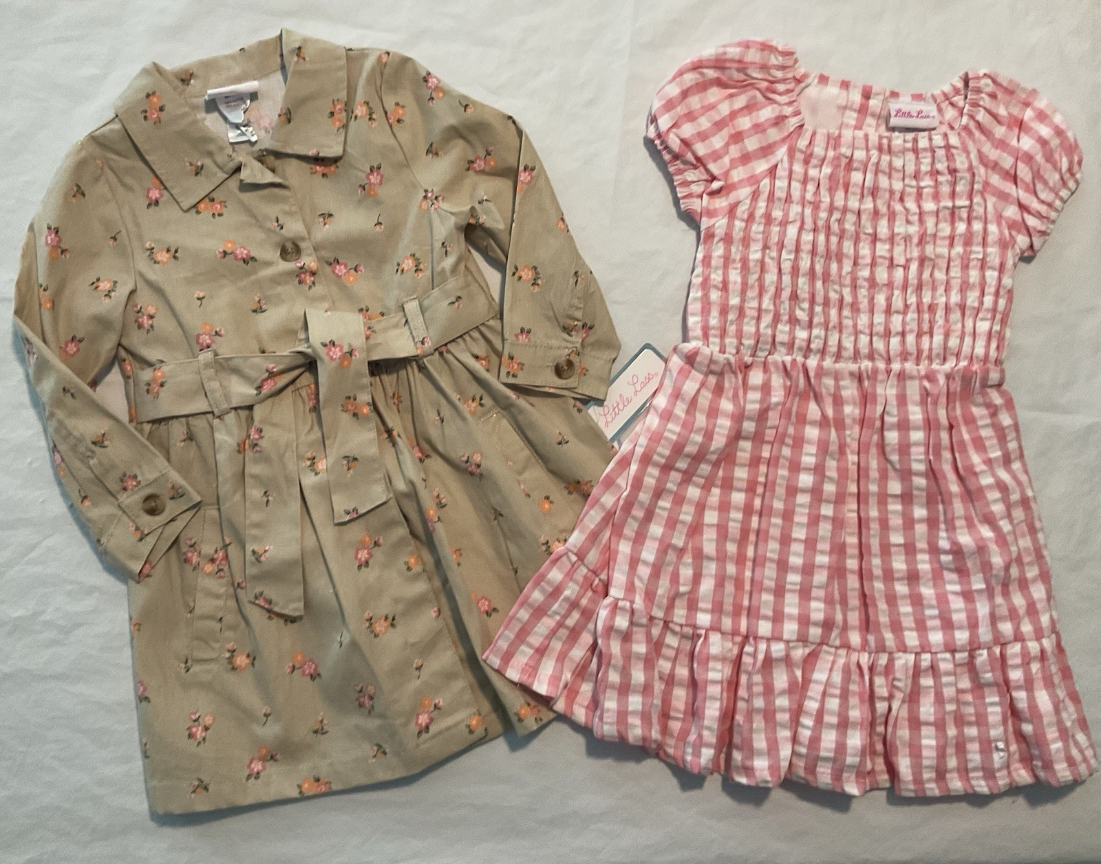 Girls 2T Little Lass 2 Piece Long Sleeve Khaki Jacket & Pink Gingham Dress NEW