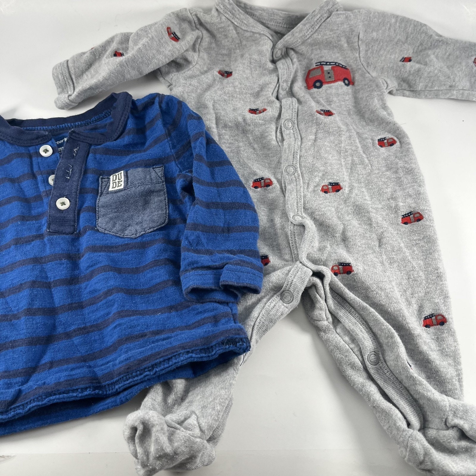 Carters Baby Outfit Set 0-6M Sleeper Shirt Cars Blue Striped