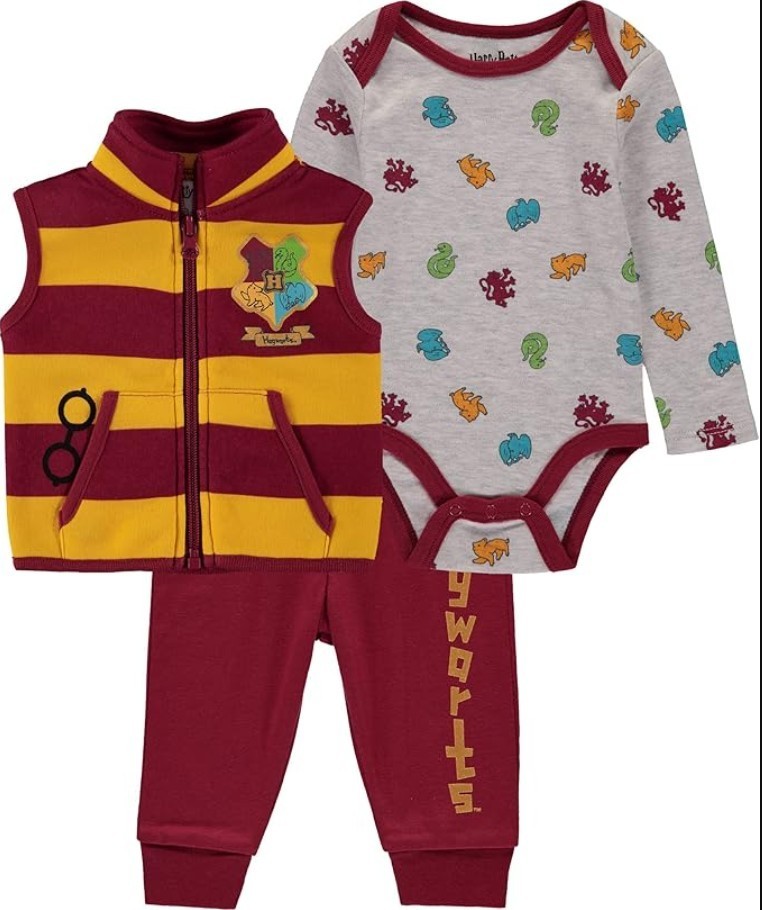 Harry Potter Baby Boys 3-Piece Set w/ Bodysuit, Pants, and Fleece Vest, 0-3M