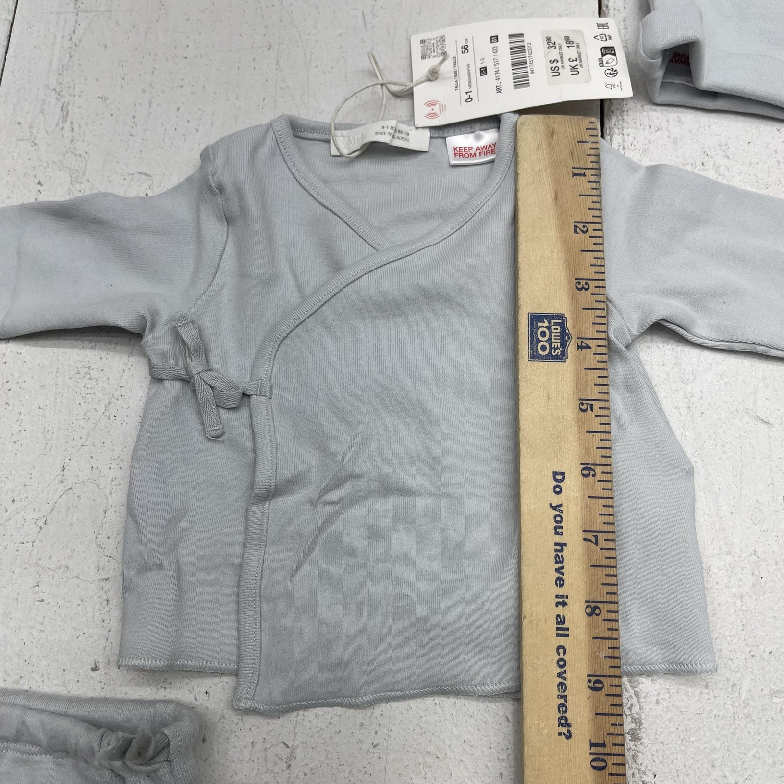 Zara Newborn Outfit Set Baby Girls 0-3M Gray Wrap Shirt Footed Pants Hat 4 Piece
