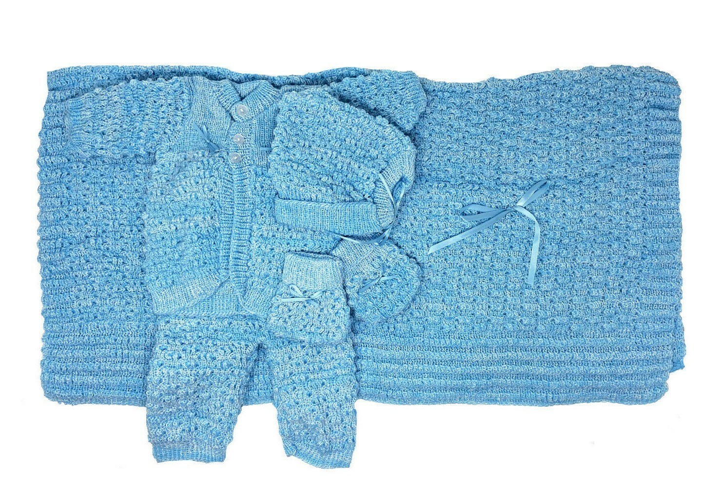 Crochet Baby Blanket and Hat Newborn Outfit Set Mittens Pants Sweater Green