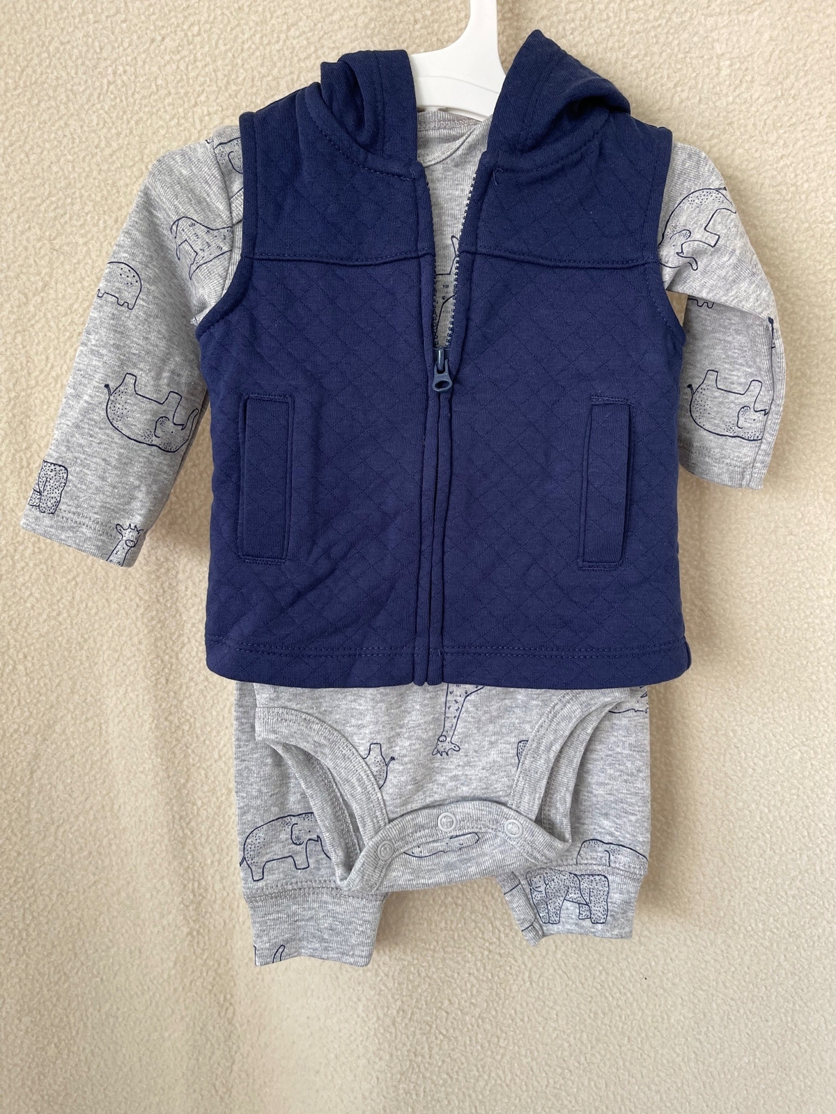 Carters Blue/Gray Animal Safari Print 3-Piece Outfit Pants/Bodysuit/Vest Jacket