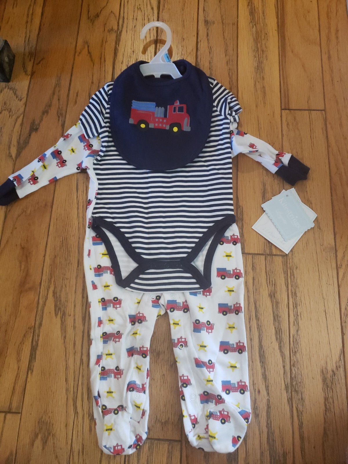 Hartstrings Kitestrings Baby 3 Piece Set With Bib Firetruck Stripes