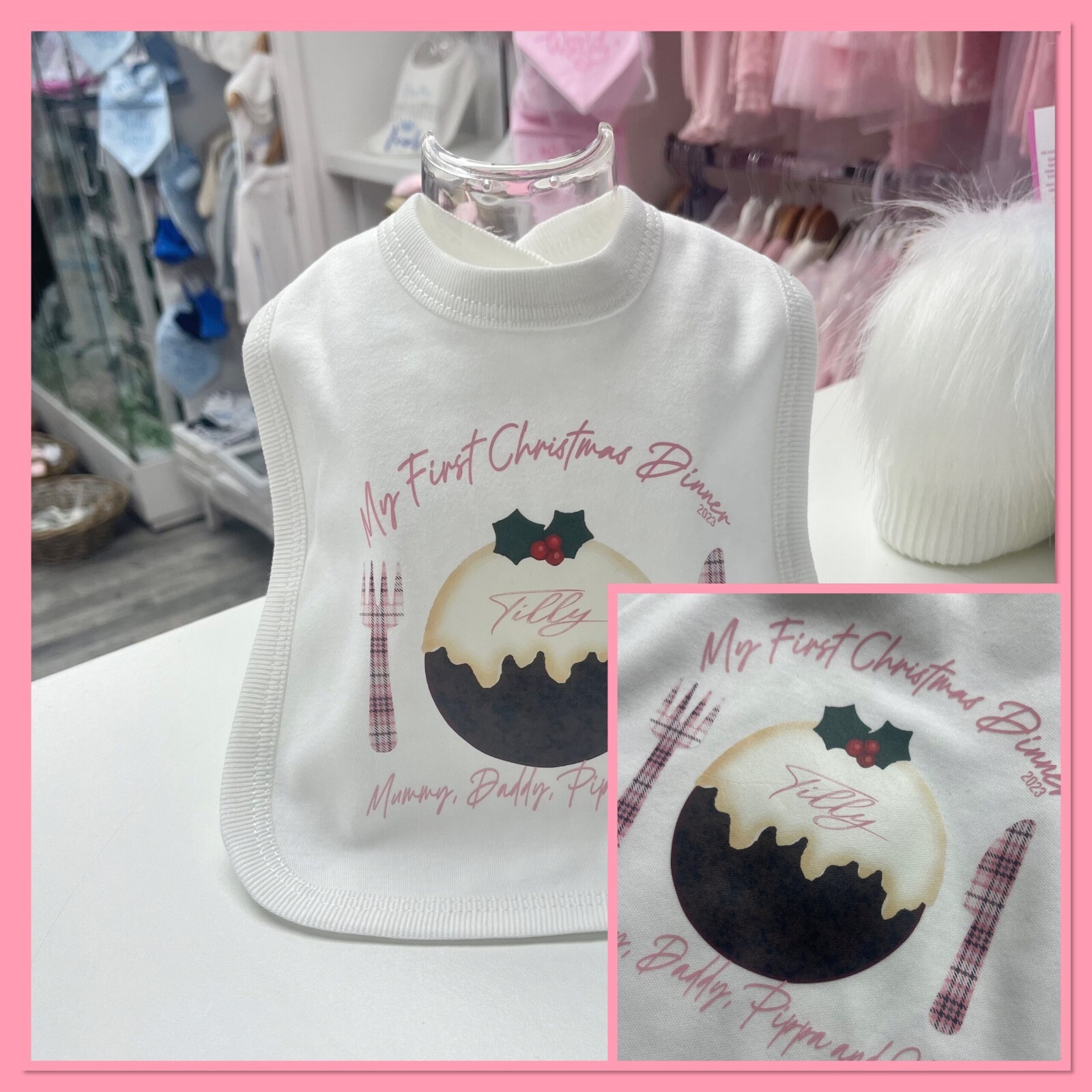 🎄 Personalised Girls My first Christmas Dinner Bib Any Names Pink Tartan Bow
