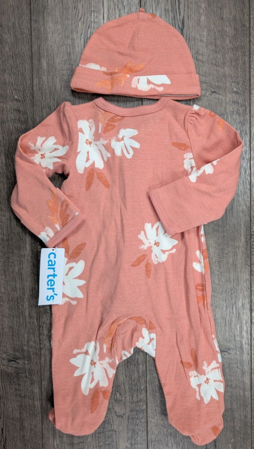 Baby Girl Clothes New Carter’s 3 Month Coral Pink 2pc Footed Outfit & Hat