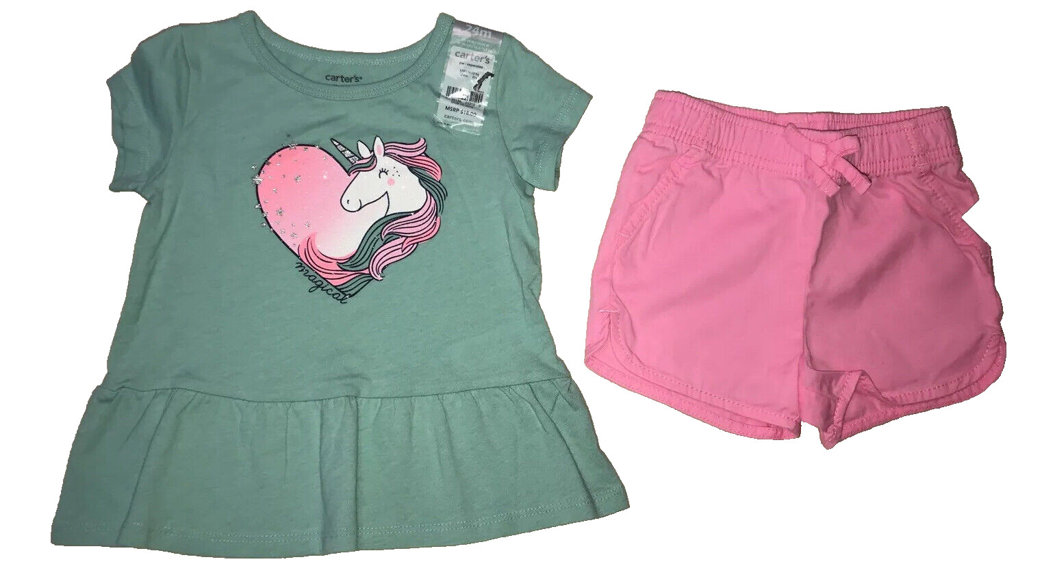 Carters Jumping Beans Girl Size 24M Pink Green T Shirt Shorts Unicorn New