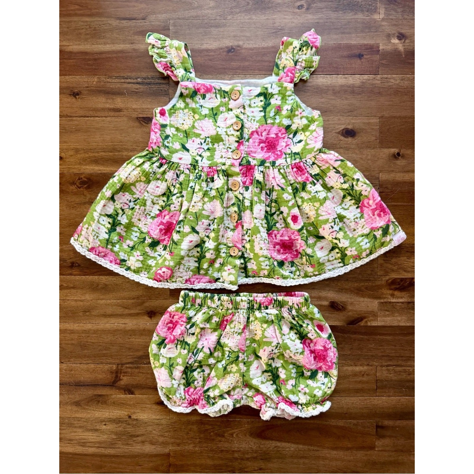 SweetHoney Girls Green Thumb Floral Beach Set 4T Ruffle Tank Bloomers Lace