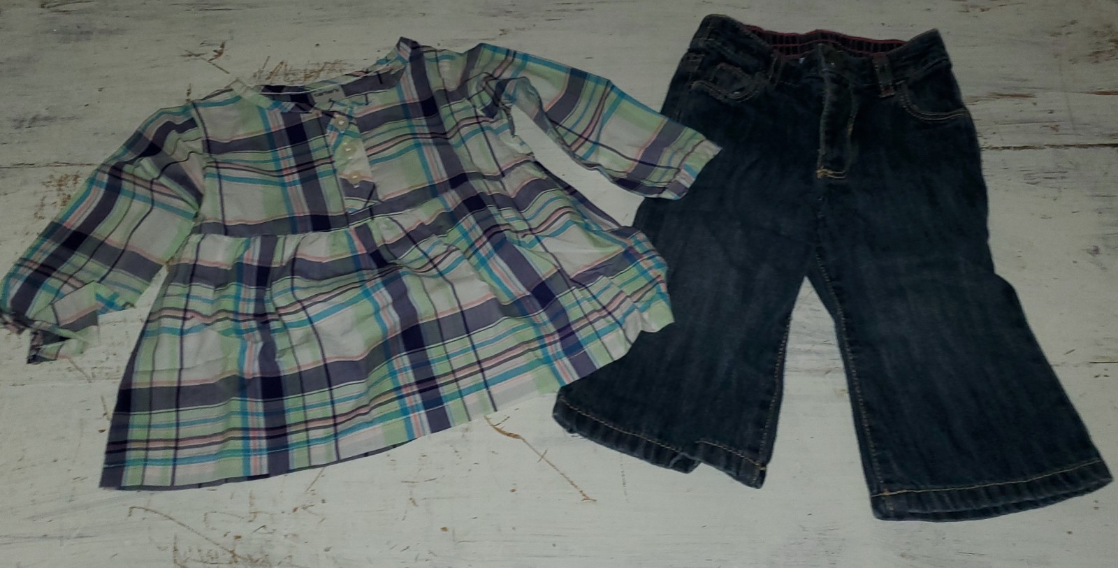 Carter’s White Blue Green Pink Plaid Shirt 6 months Old Navy Jeans 6-12 Lot *W24