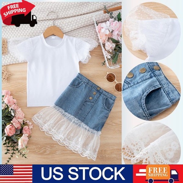 2PCS Newborn Infant Baby Girl Crew Neck T-shirt + Denim Lace Skirt Outfit Set