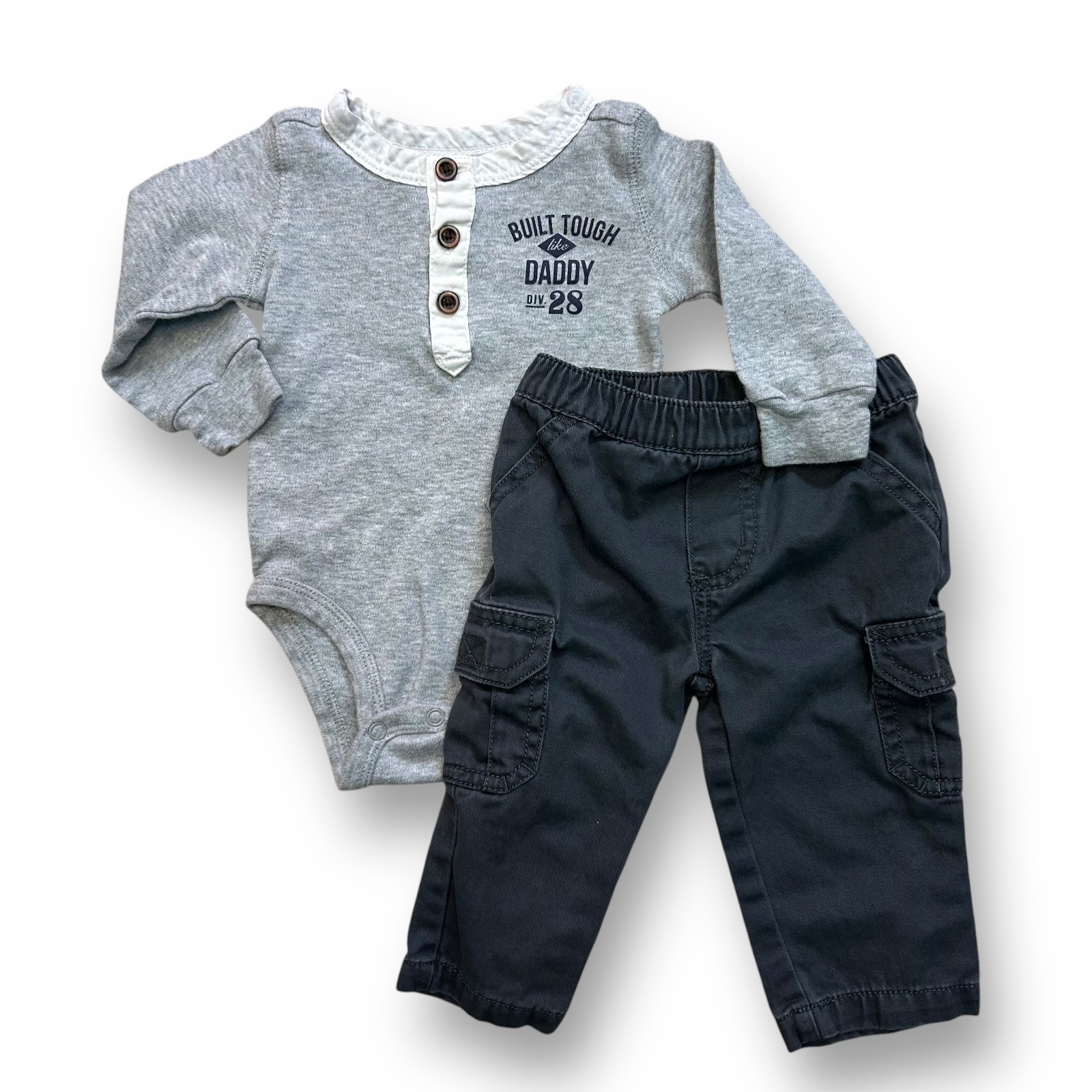 Carter’s Baby Boy Outfit Size 6 Months Gray Henley Bodysuit & Khaki Pants Set