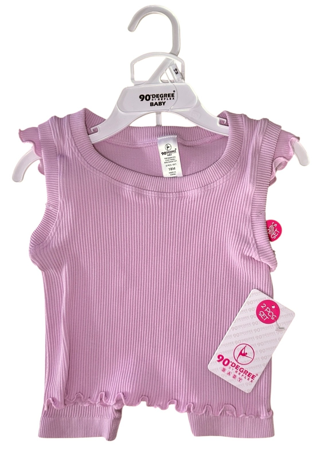 90 Degree Baby Girl’s Rib Seamless Chic Tank & Bike Short Set, 18M Pink Lavender