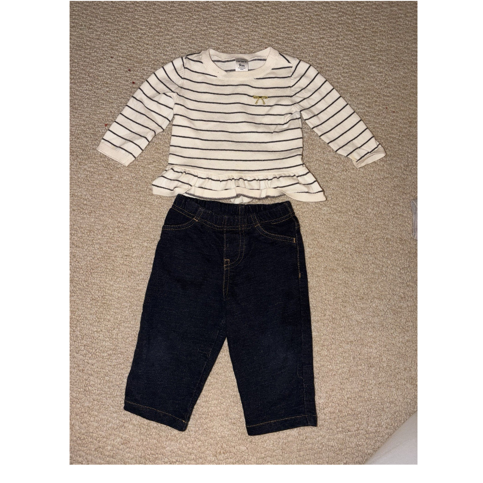 Carter’s 2 Piece Girls Outfit Set 9M Striped Knit Sweater & Pants Bow Ruffle
