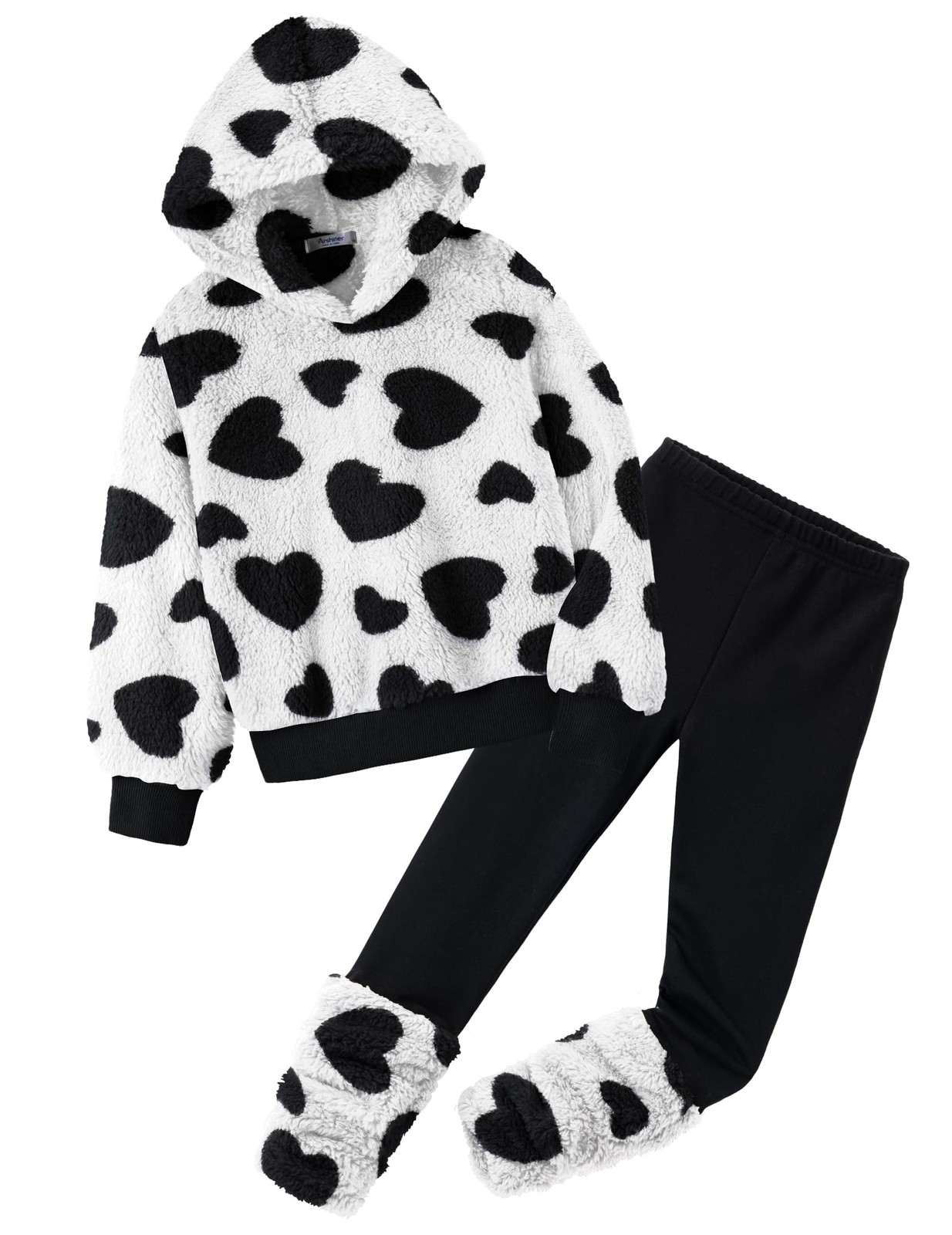 Girls 2 Piece Outfits Fluzzy Heart Pullover Print Hoodies and Black Leggings …