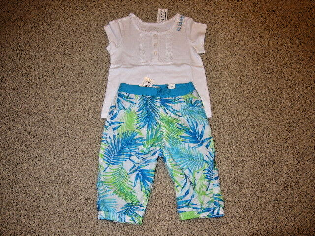 NWT NEW THE CHILDRENS PLACE OUTFIT WHITE TOP BLUE GREEN PANTS SIZE 3T
