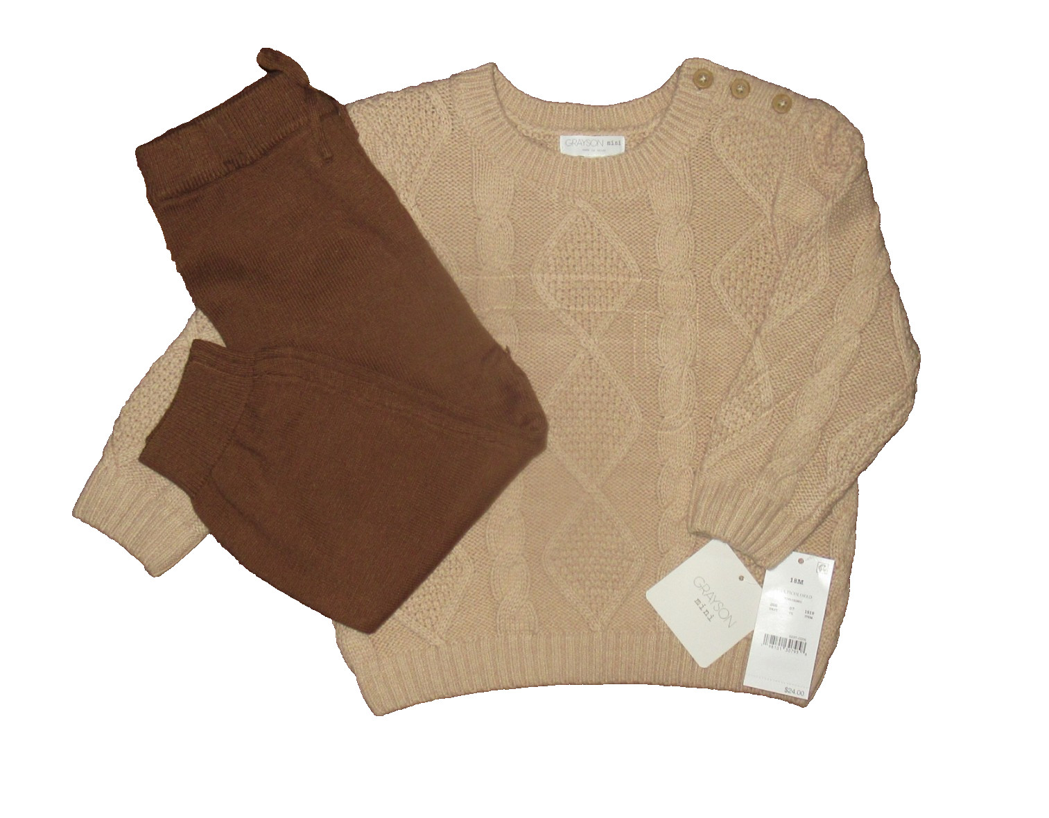 NWT Grayson Mini Baby Crew Cable Knit Top & Bottom Set Brown 18M Infant Outfit
