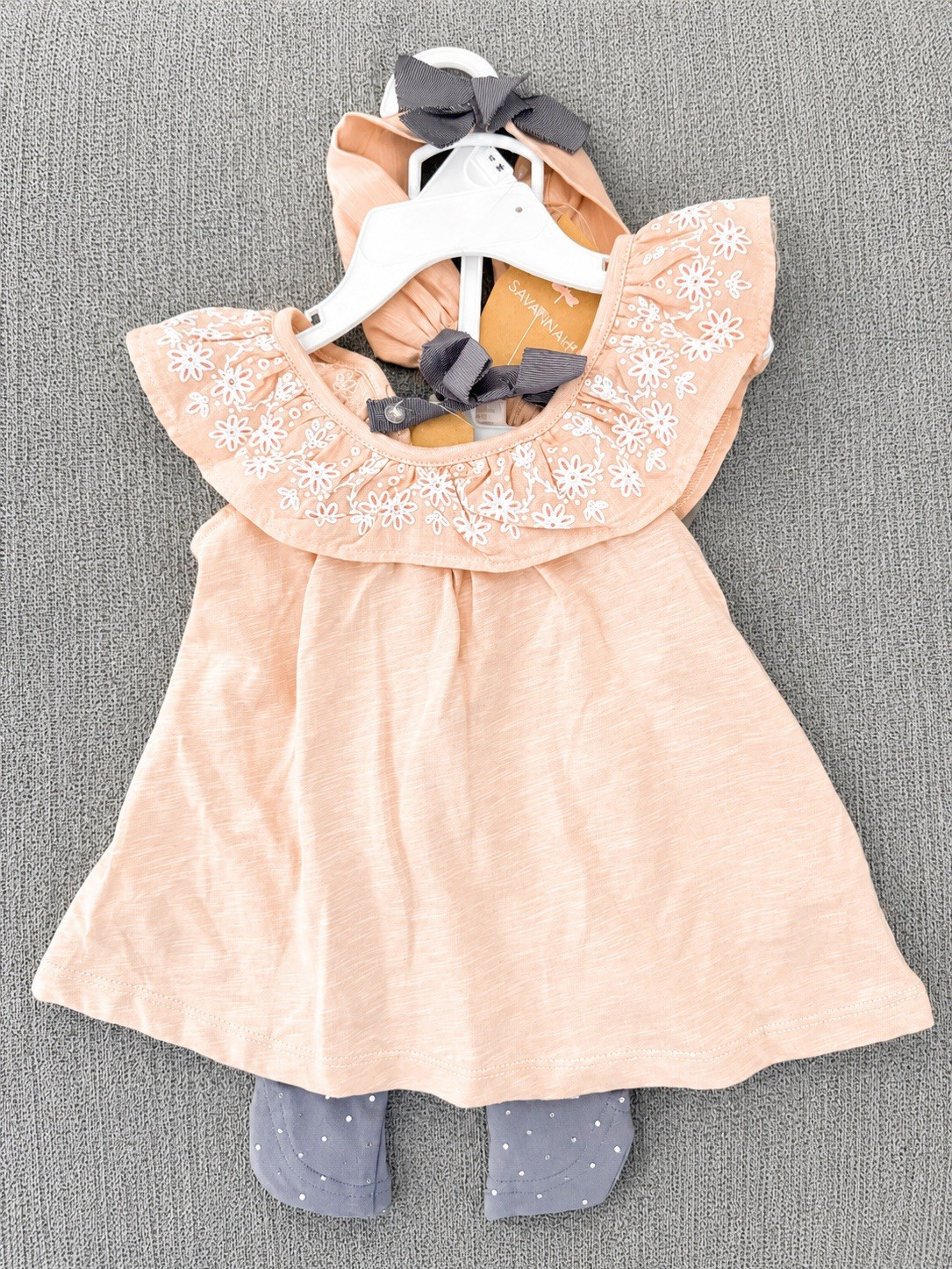 Savannah 2pc Cotton Knit Floral Dress & Leggings Set 3-6M Pink/Gray Bow