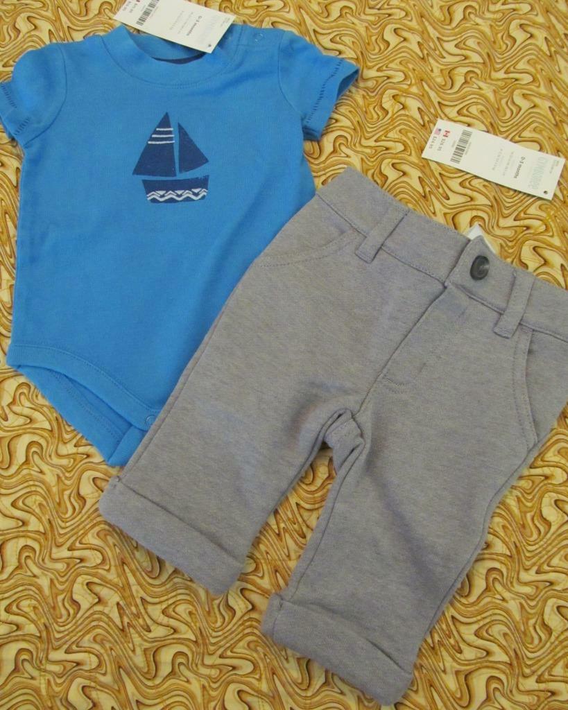 NWT 0-3 Gymboree Coastal Breeze Sailboat Bodysuit Knit Cuffed Gray Pants Twins