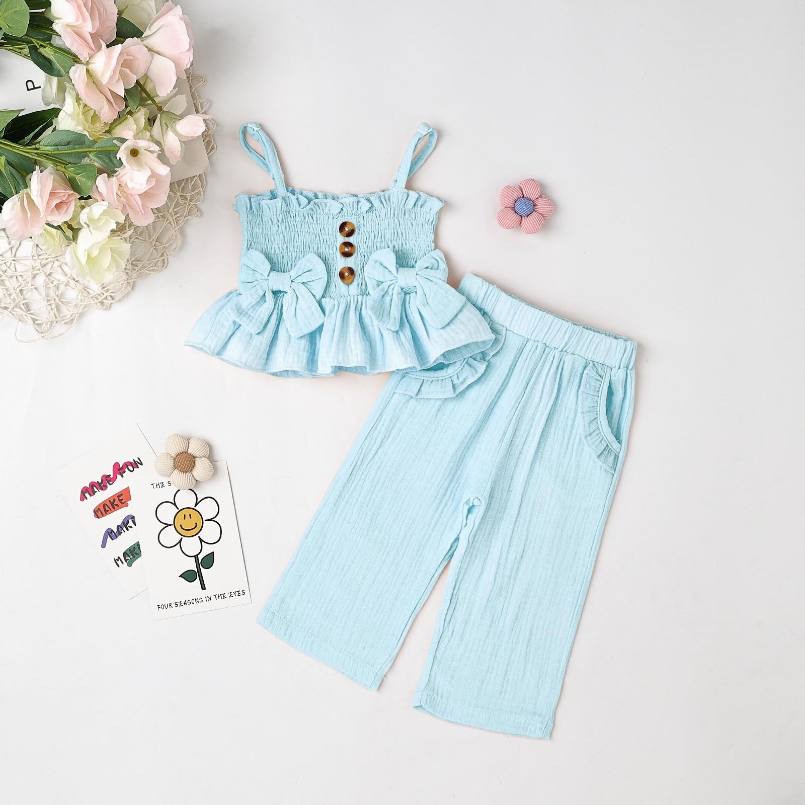 Baby Girl Clothes 9-12 Month Summer Outfits Cute Bow Button Ruffle Camisole P…