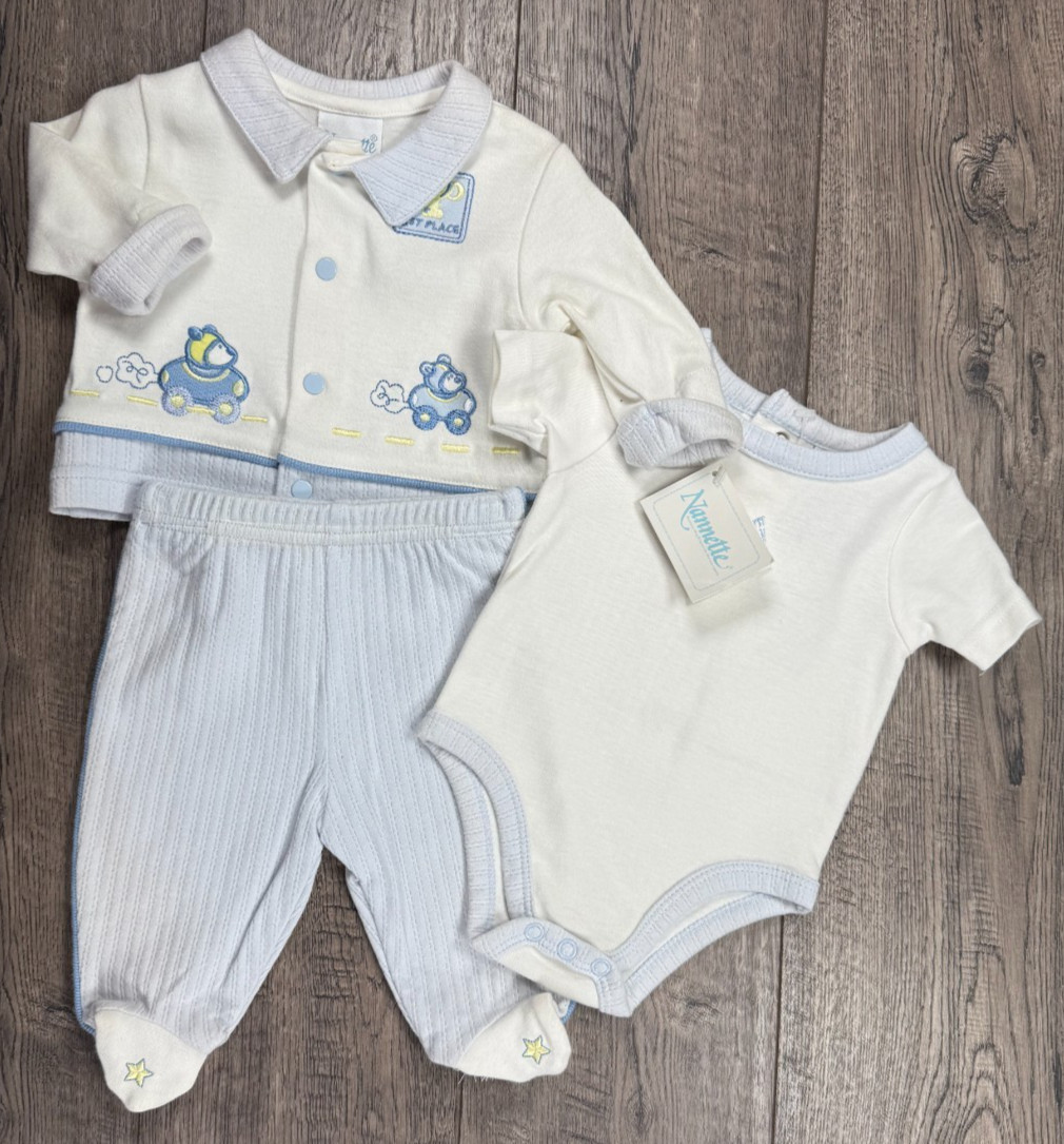 Baby Boy Clothes New Vintage Nannette 0-7lbs Preemie 3pc Blue 1st Place Outfit