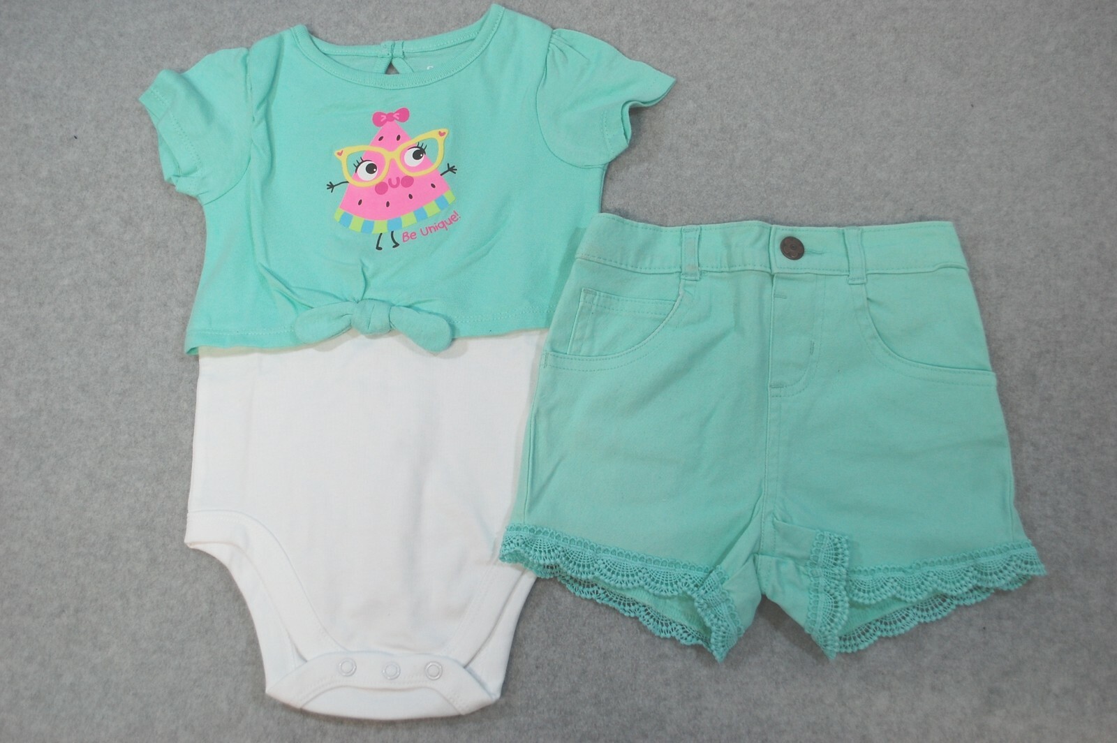 Baby Girls BE UNIQUE Watermelon S/S SHIRT Layered MINT GREEN Denim Shorts 18 MO