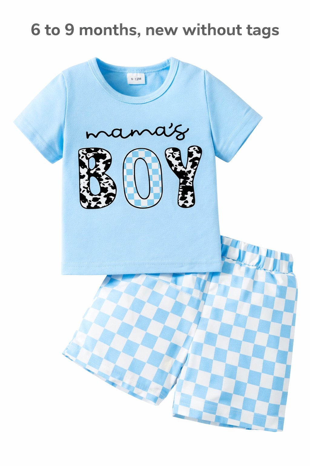 NWOT Mama’s Boy Light Blue Check Shorts Set T-Shirt 6-9 Months Boys