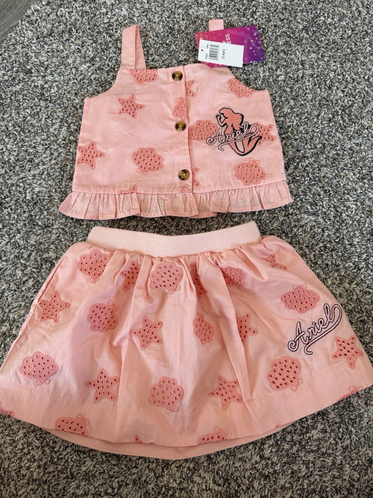 Disney Princess Ariel Little Mermaid Girls Pink 2-piece Skirt Outfit Size 3T NWT