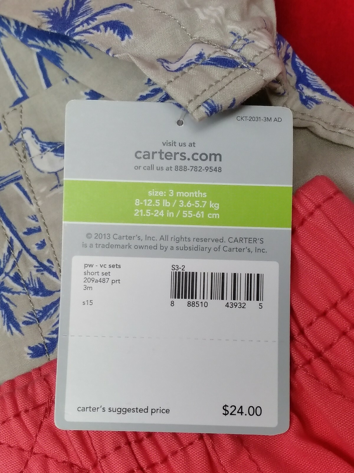 Carter’s Boy’s 2-Piece Shorts Shirt Set Palm Trees Size 3 Months Pink Green NEW