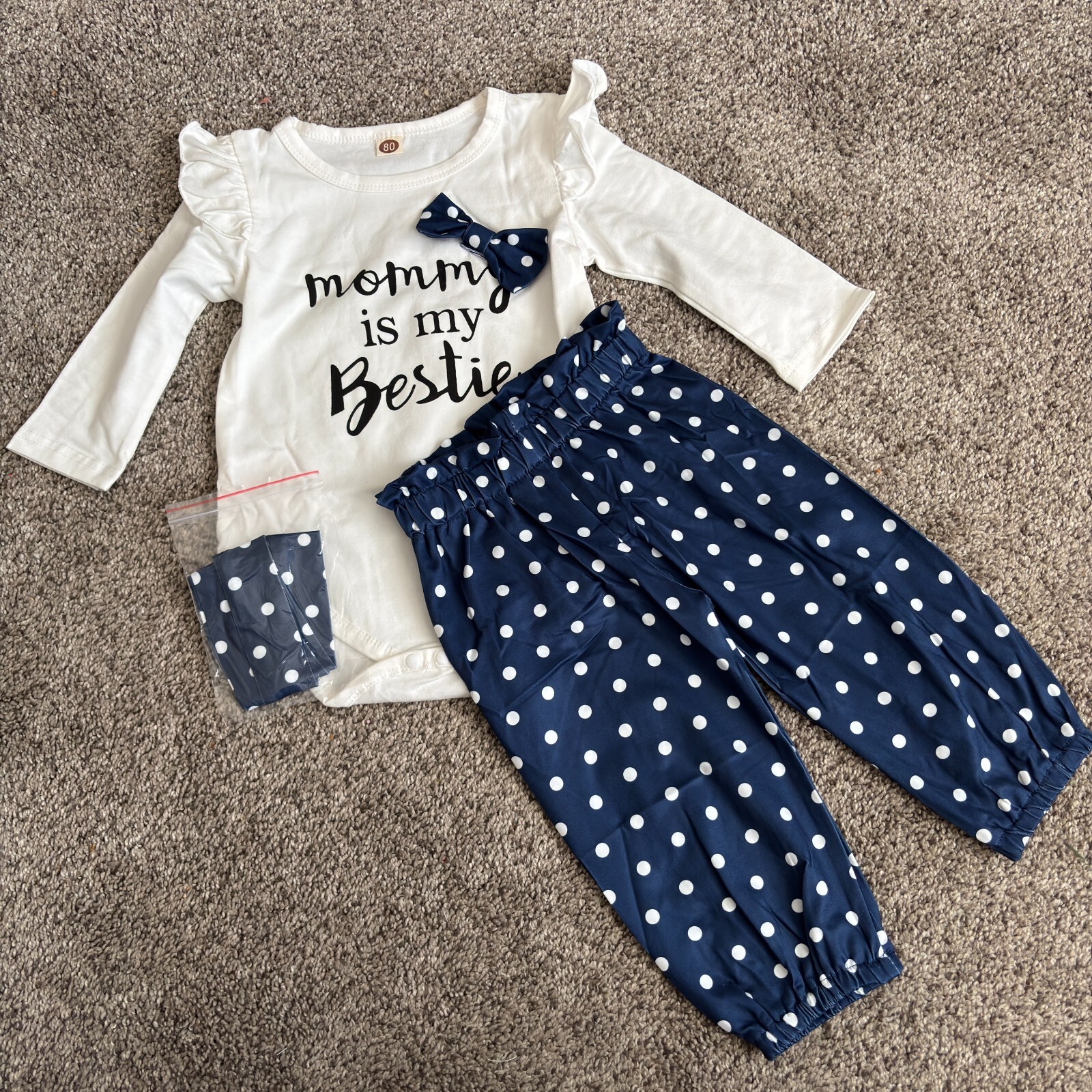 Infant Blue White Bodysuit High Waist Polka Dot Pant Set w/Headband 12-18mos.