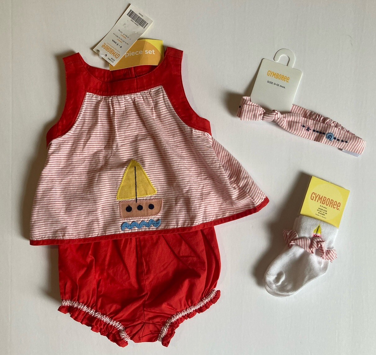 NWT Gymboree Cote D’Azure 0-3 Months Red Sailboat 2pc Romper Socks & Headband