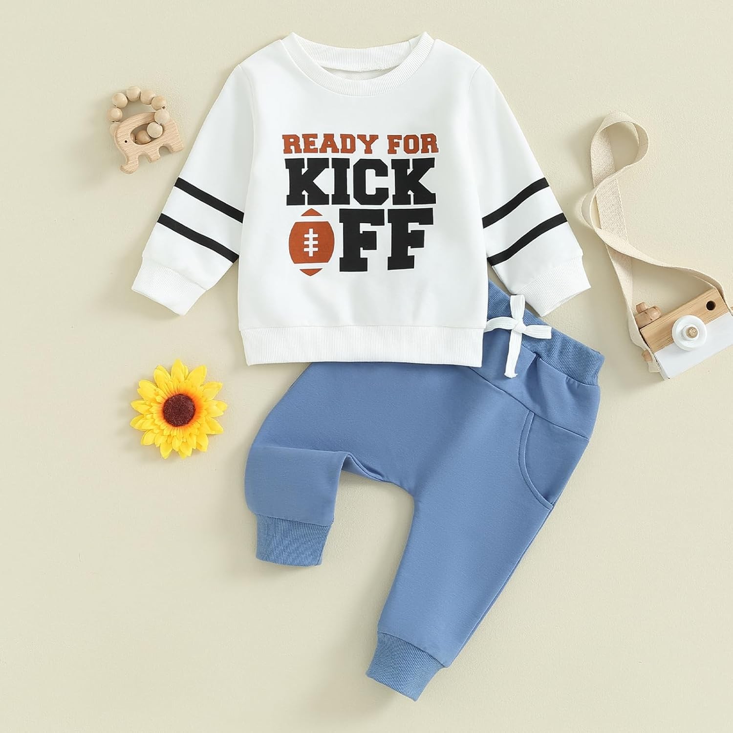 2PCS Toddler Baby Boy Fall Outfit Rugby Sweatshirt Long Sleeve Top + Solid Pants
