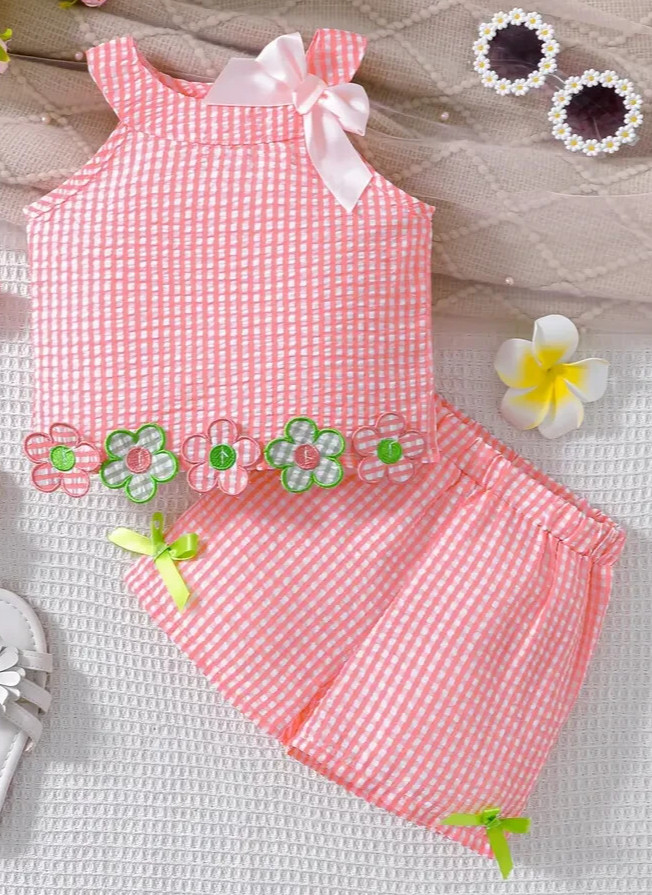 Boutique Pink Check Shorts Outfit NEW Baby Girl Flowers Applique Sleeveless #9
