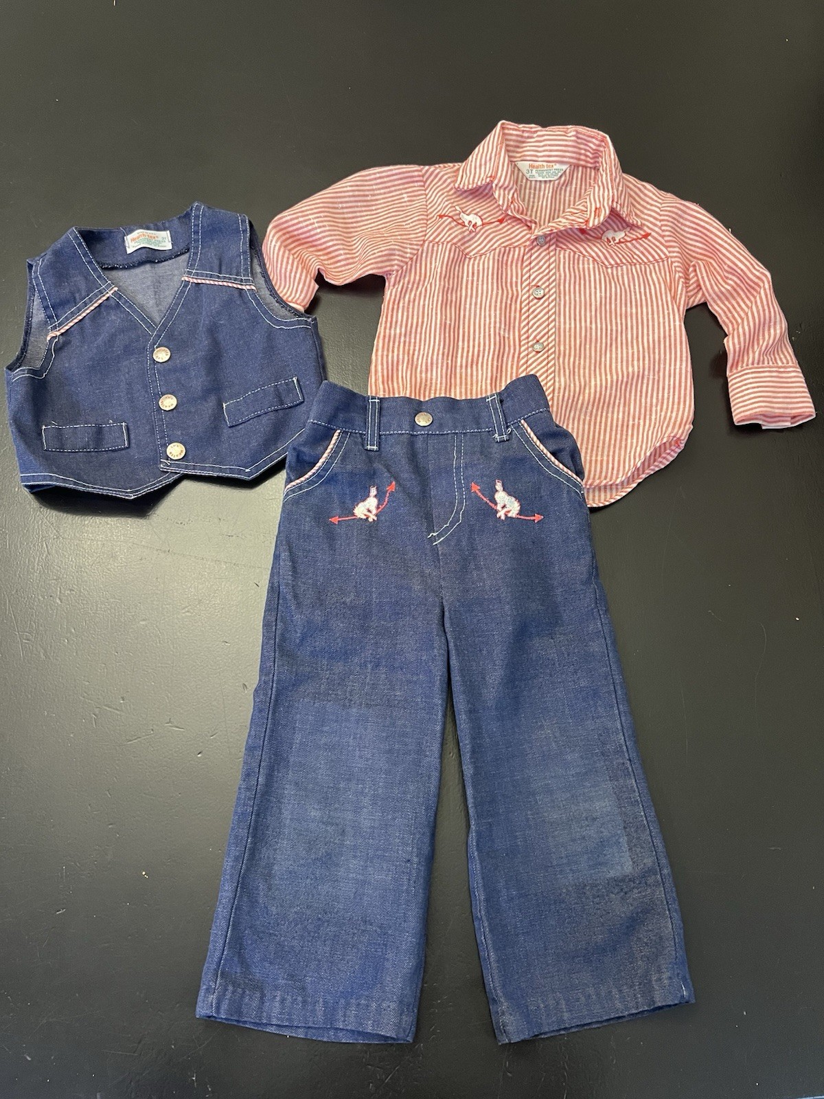 Health-Tex Vintage 1970s Western Embroidered 3 PC Vest Jeans Outfit Toddler 3T